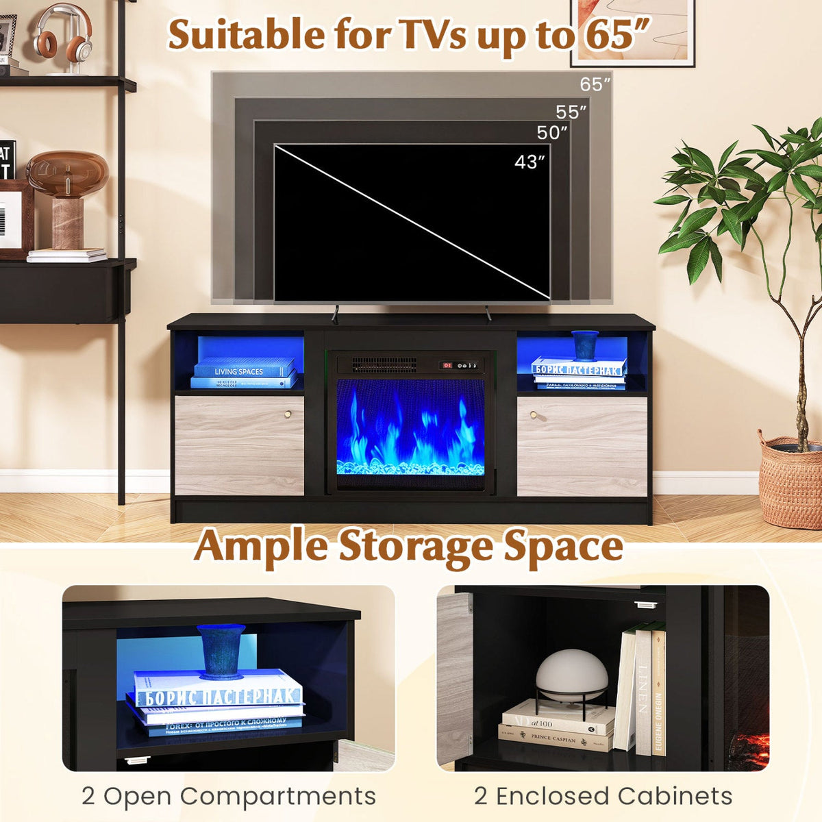 Entertainment Center with Adjustable Shelf & Open Compartment for 65” TVs-Style 2
