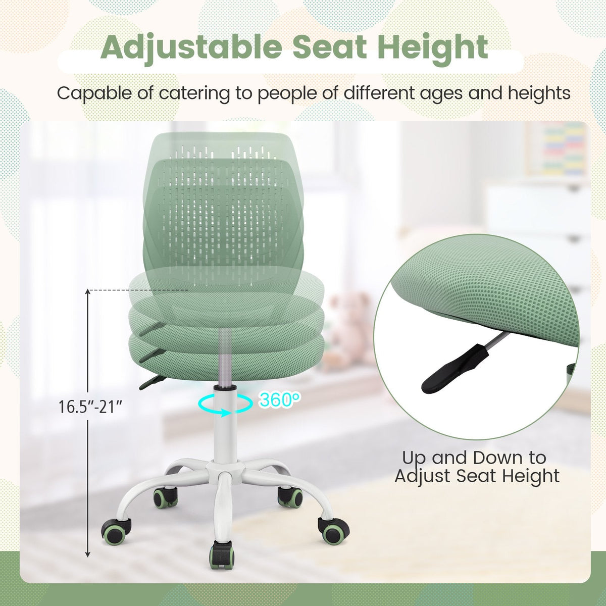 Ergonomic Children Study Chair with Adjustable Height-Green