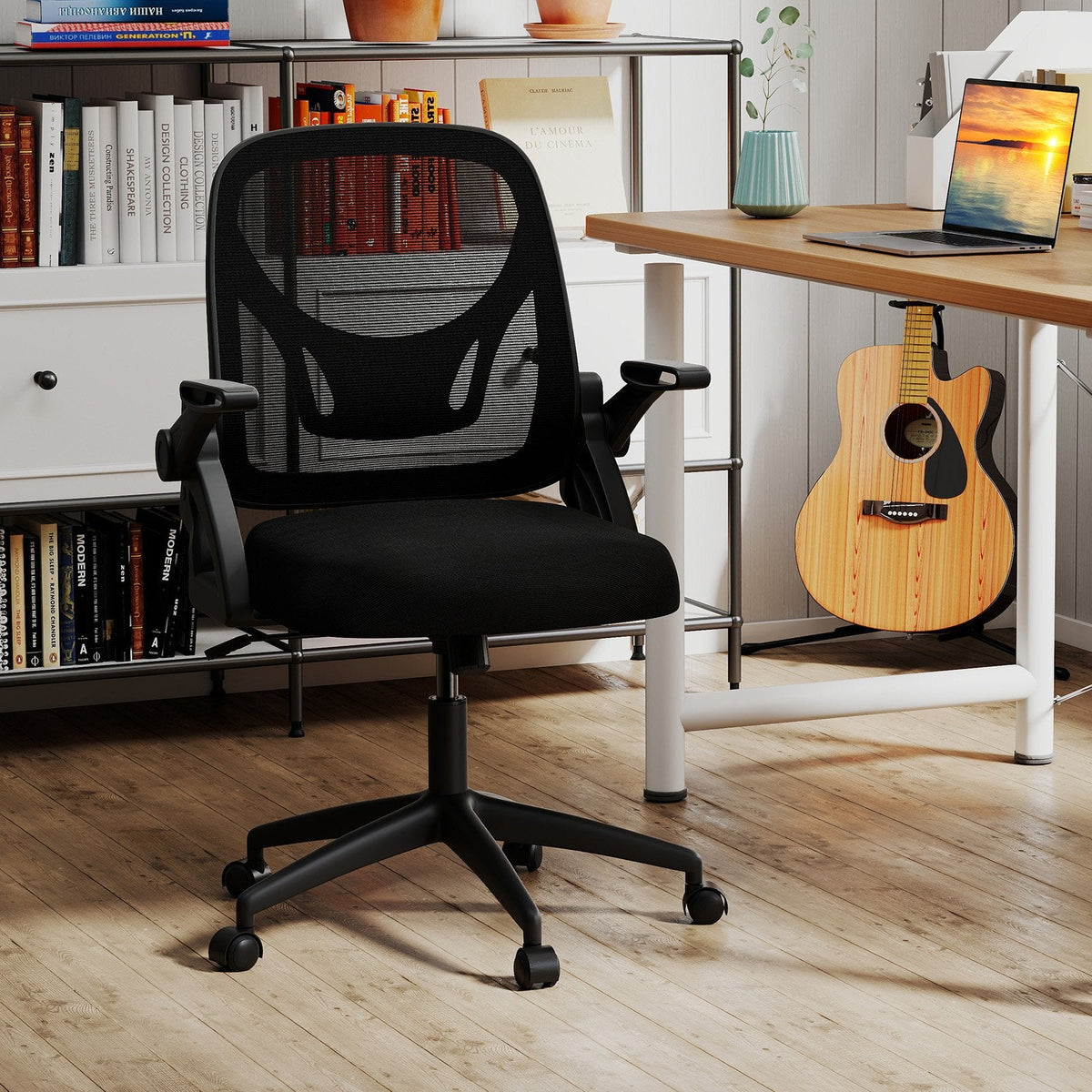 Ergonomic Computer Desk Chair with Lumbar Support and Flip-up Arms-Black