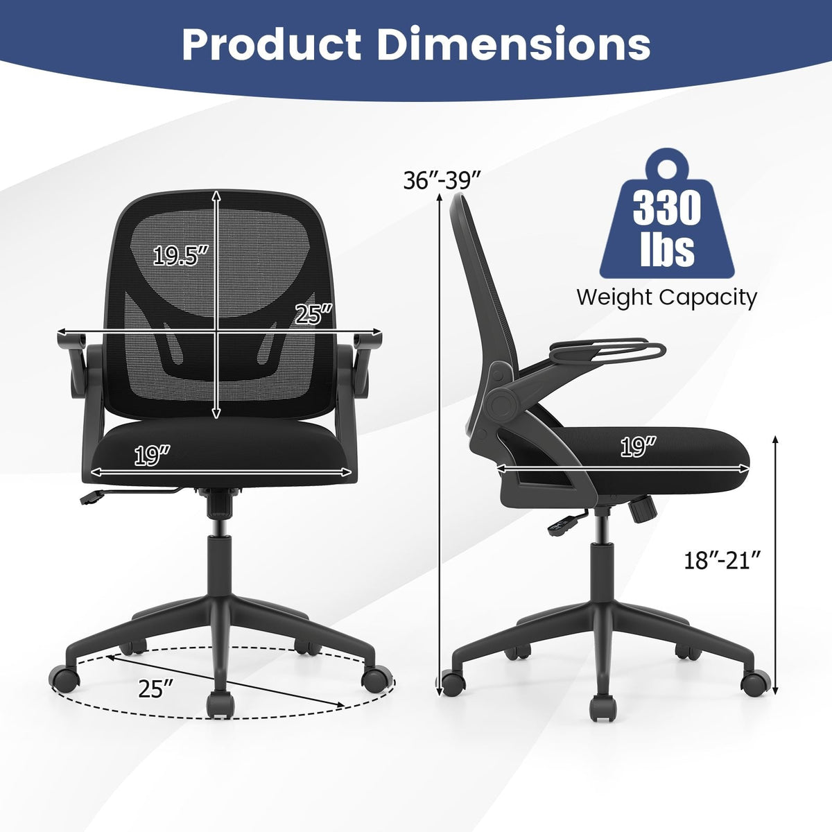 Ergonomic Computer Desk Chair with Lumbar Support and Flip-up Arms-Black