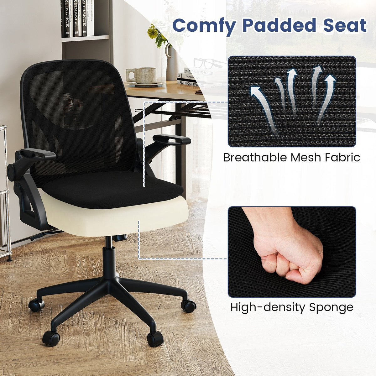 Ergonomic Computer Desk Chair with Lumbar Support and Flip-up Arms-Black