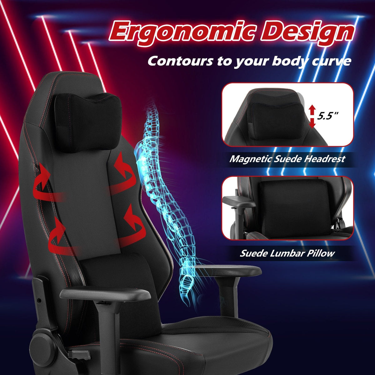 Ergonomic High Back Computer Chair with Magnetic Headrest and Lumbar Pillow-Black