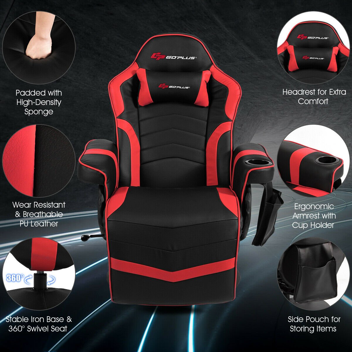 Ergonomic High Back Massage Gaming Chair Gaming Recliner with Pillow-Red