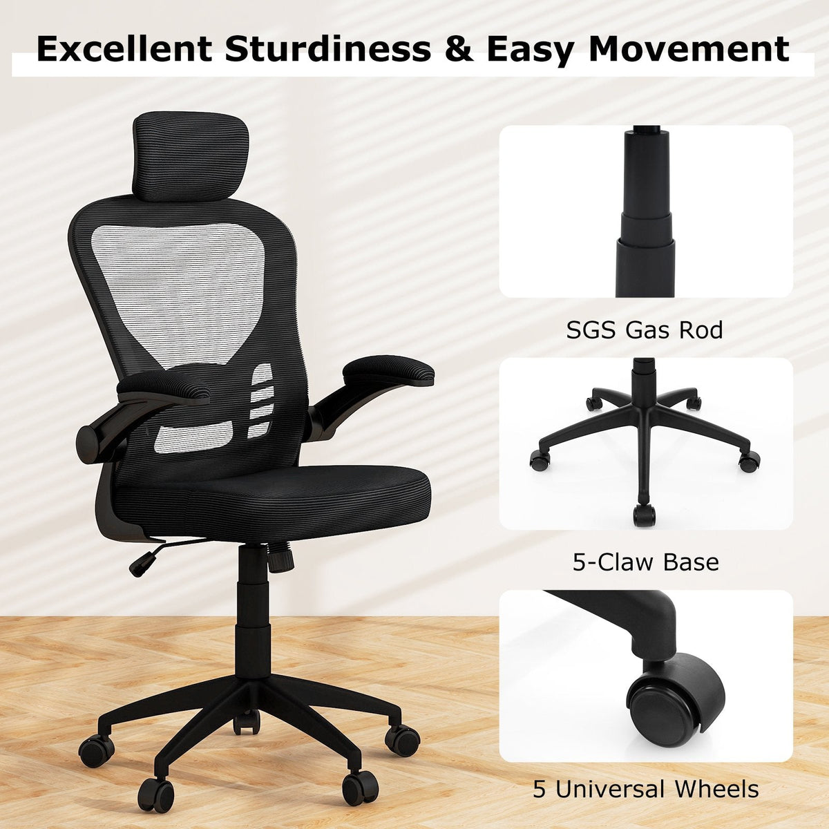 Ergonomic Mesh Office Chair with Adjustable Height for Home Office-Black