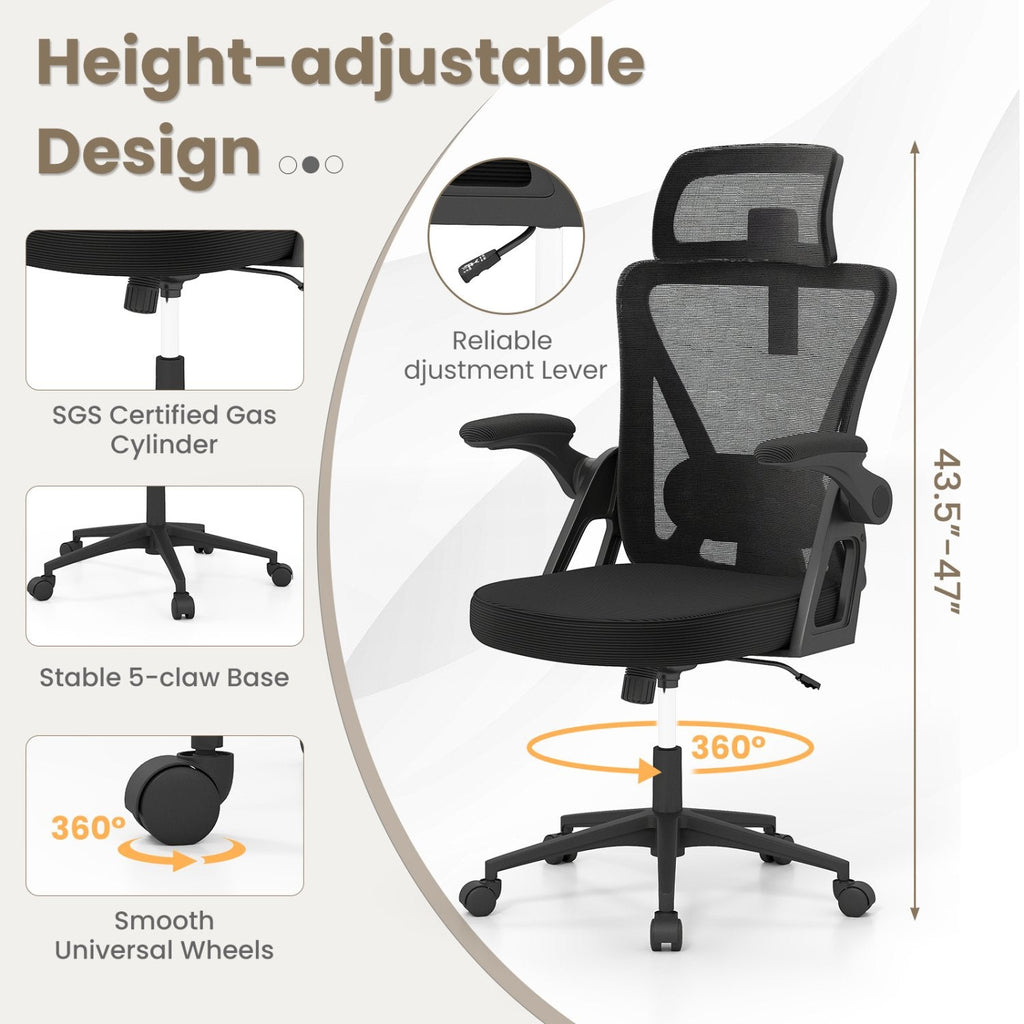 Ergonomic Mesh Office Chair with Adjustable Lumbar Support and Flip-up Armrests-Black
