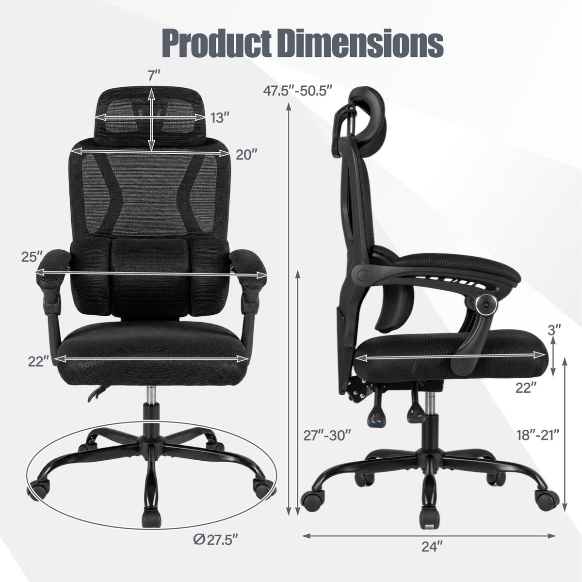 Ergonomic Office Computer Mesh Chair with High Back Adaptive Lumbar Support and 2D Adjustable Headrest-Black