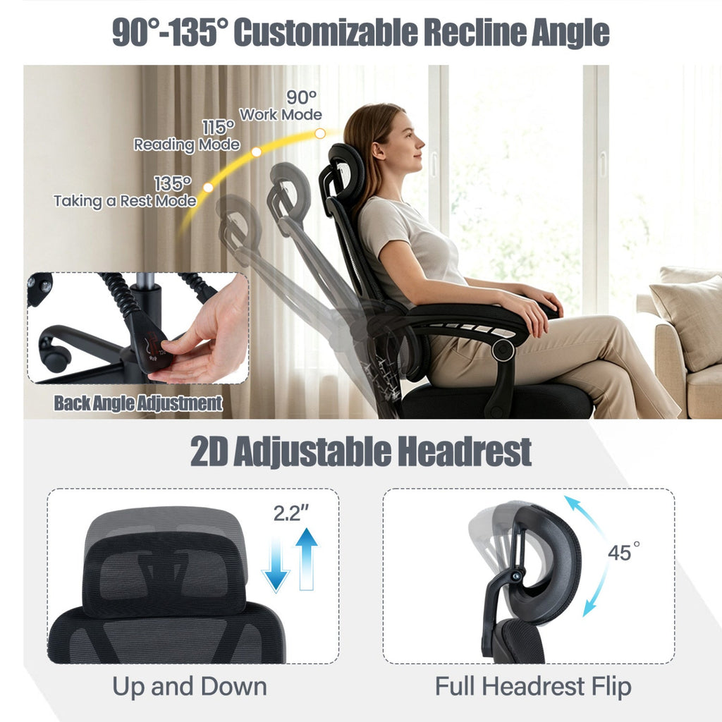 Ergonomic Office Computer Mesh Chair with High Back Adaptive Lumbar Support and 2D Adjustable Headrest-Black