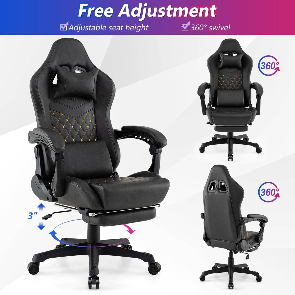 Ergonomic Video Game Computer Chair with Headrest and Lumbar Pillow-Black
