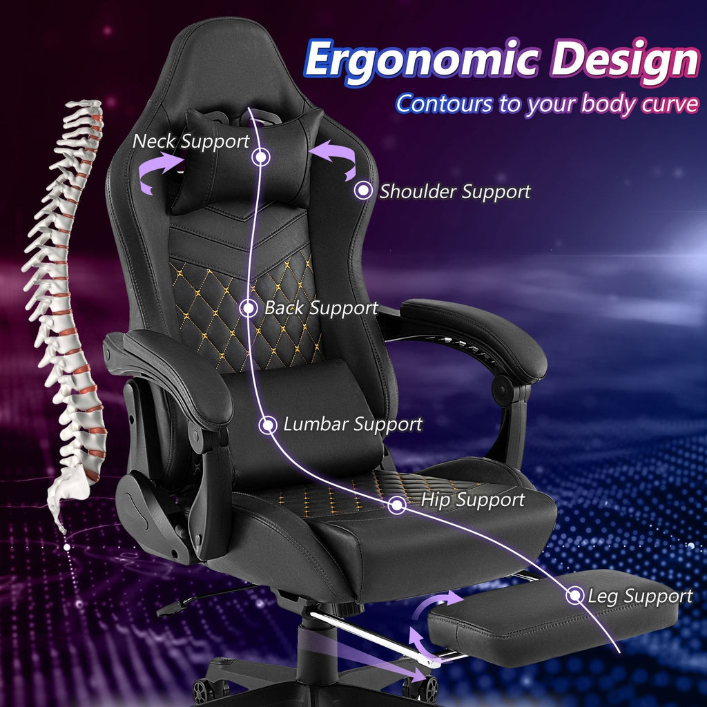 Ergonomic Video Game Computer Chair with Headrest and Lumbar Pillow-Black