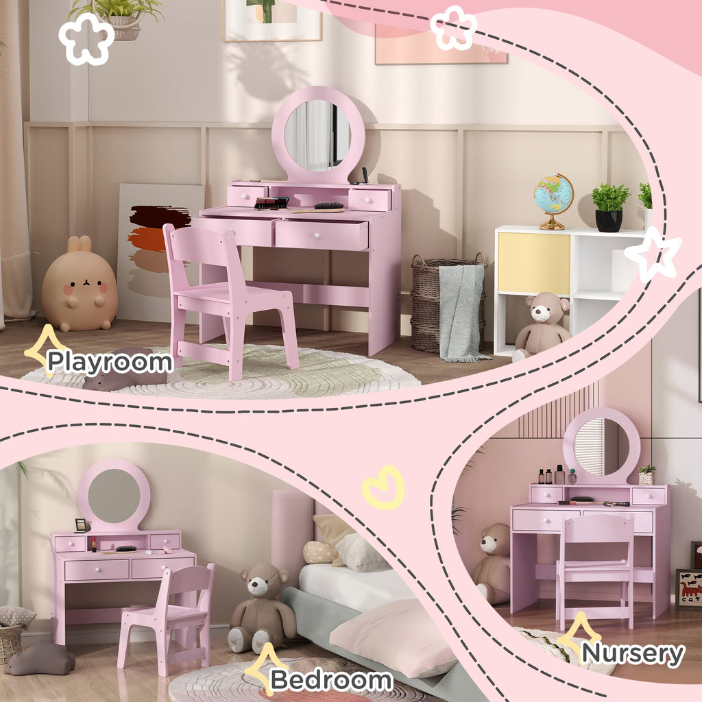 Kids Vanity Set, Children Makeup Table with Mirror, Stool and Storage Drawers, for Ages 3-8, Pink