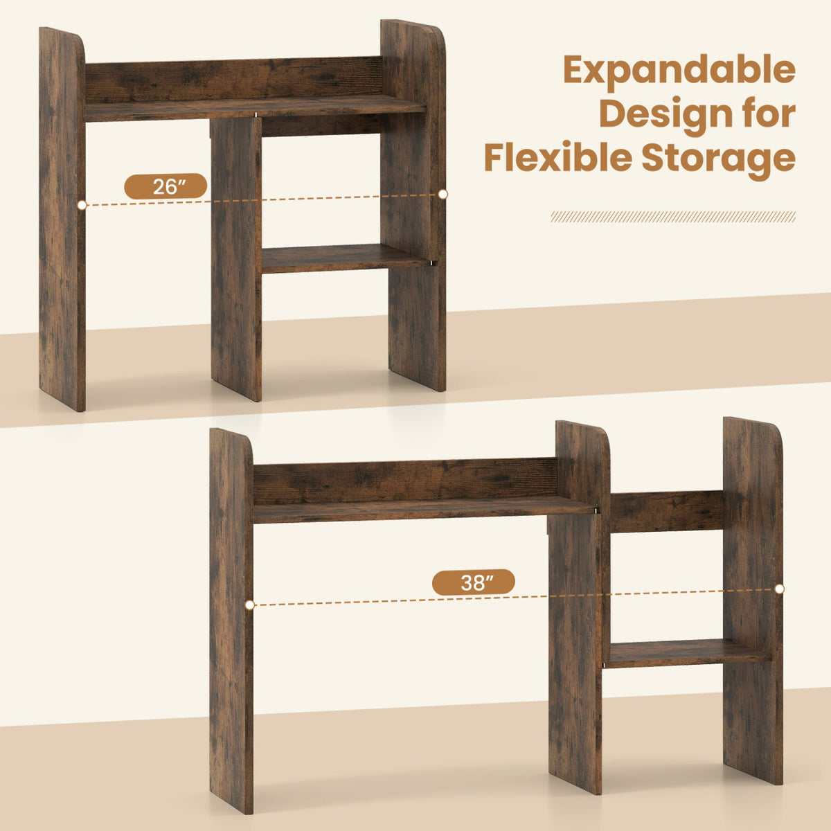 Expandable Desk Bookshelf with Open Cubes and Desktop Display Rack-Rustic Brown