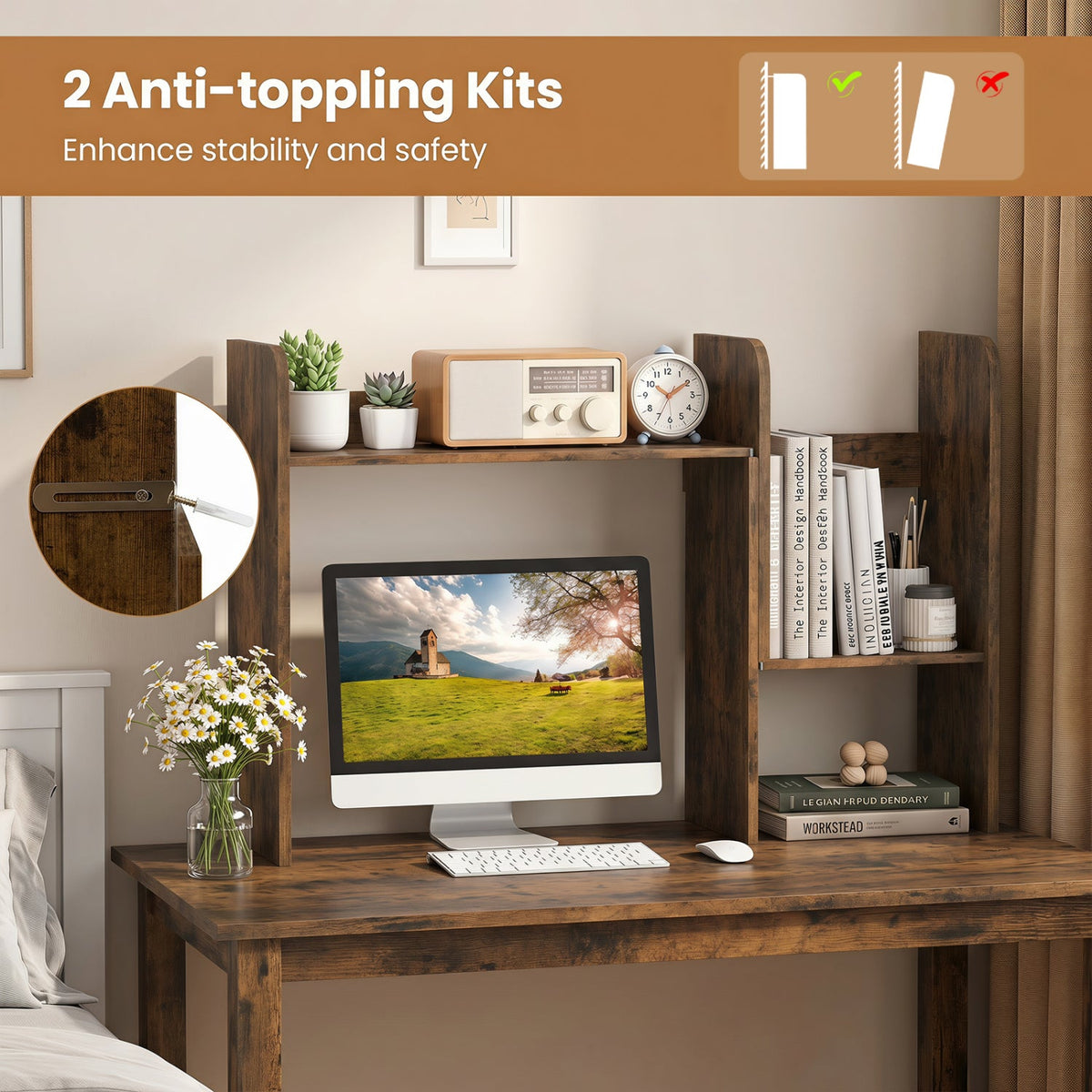 Expandable Desk Bookshelf with Open Cubes and Desktop Display Rack-Rustic Brown