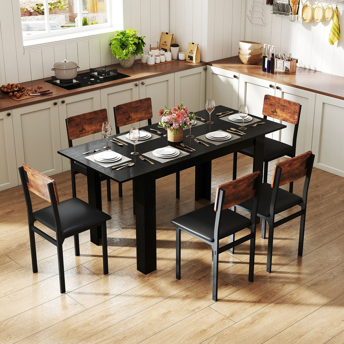Extendable Dining Table for 4-8 People 47 inches-62 inches Large Rectangular Kitchen Table-Black