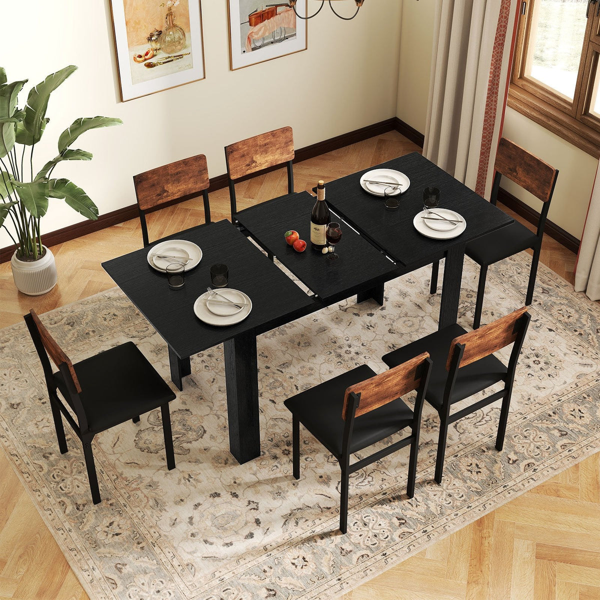 Extendable Dining Table for 4-8 People 47 inches-62 inches Large Rectangular Kitchen Table-Black