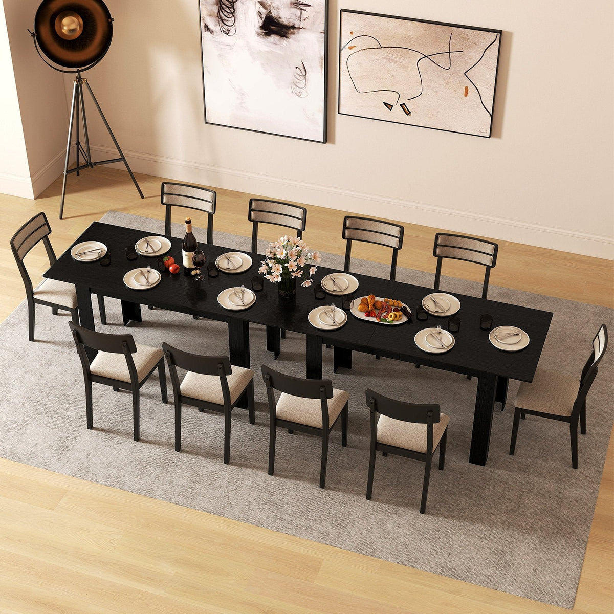 Extendable Dining Table for 4-8 People 47 inches-62 inches Large Rectangular Kitchen Table-Black