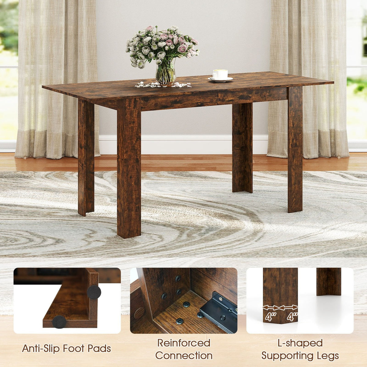 Extendable Dining Table for 4-8 People 47 inches-62 inches Large Rectangular Kitchen Table-Rustic Brown