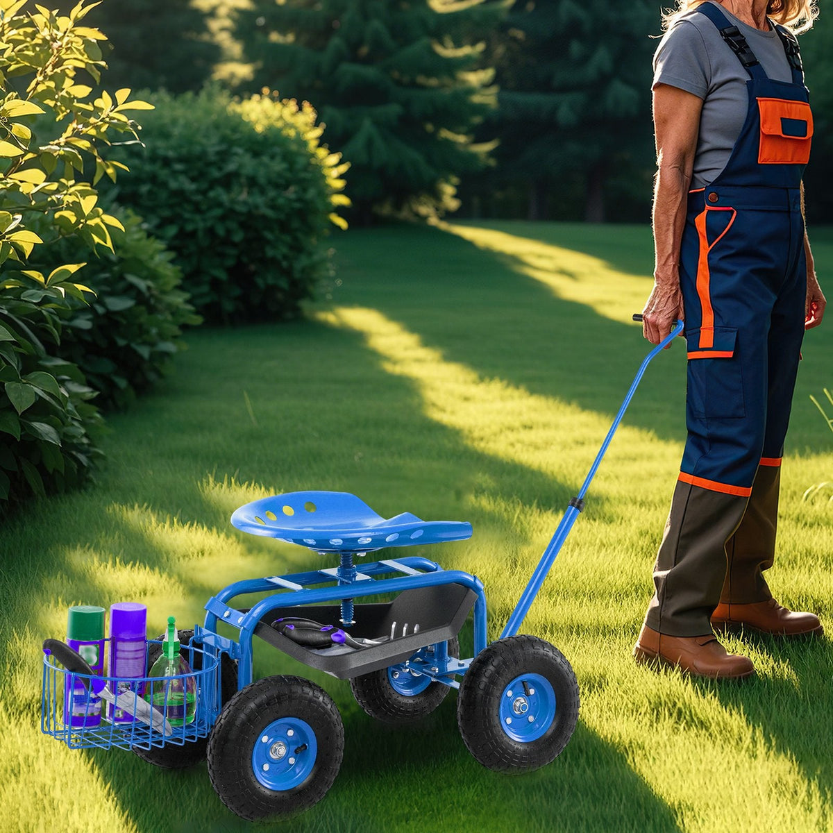 Extendable Handle Garden Cart Rolling Wagon Scooter-Blue