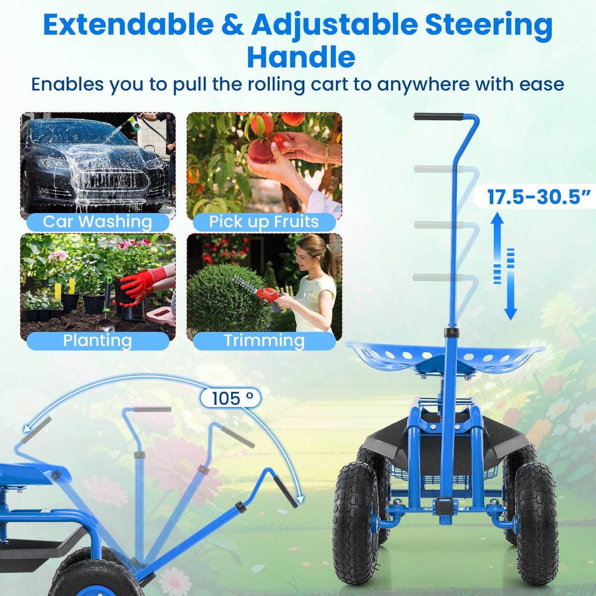 Extendable Handle Garden Cart Rolling Wagon Scooter-Blue