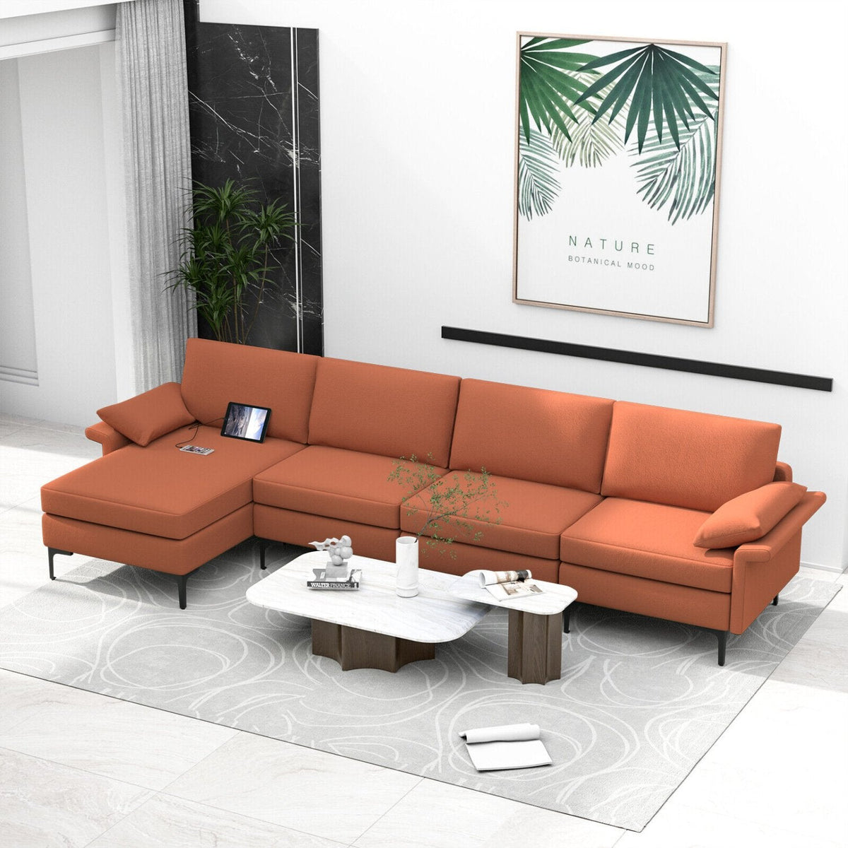 130.5 in L Shaped Sectional in Rust Red Lint Fabric, Reversible Chaise, Outlet and 2 USB Ports
