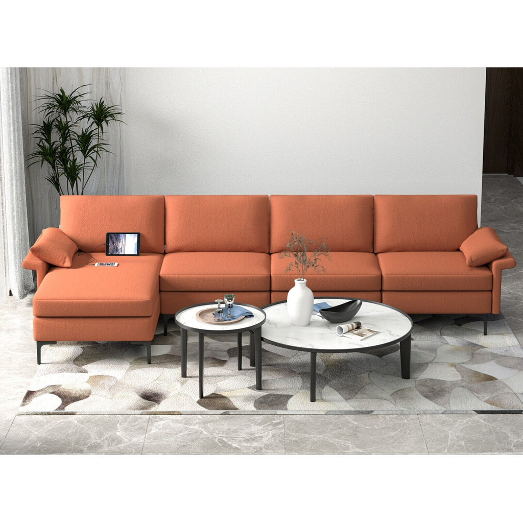 130.5 in L Shaped Sectional in Rust Red Lint Fabric, Reversible Chaise, Outlet and 2 USB Ports