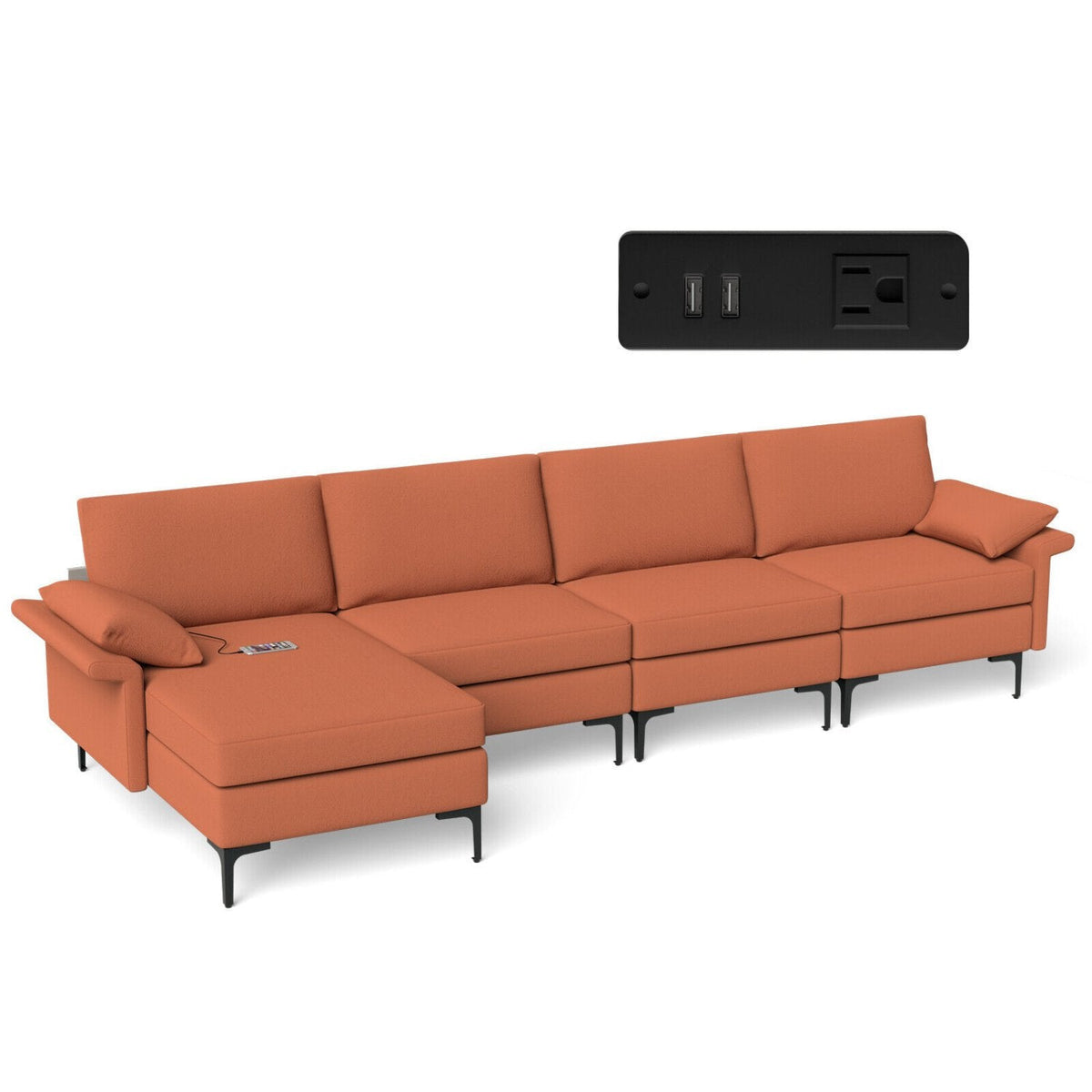 130.5 in L Shaped Sectional in Rust Red Lint Fabric, Reversible Chaise, Outlet and 2 USB Ports