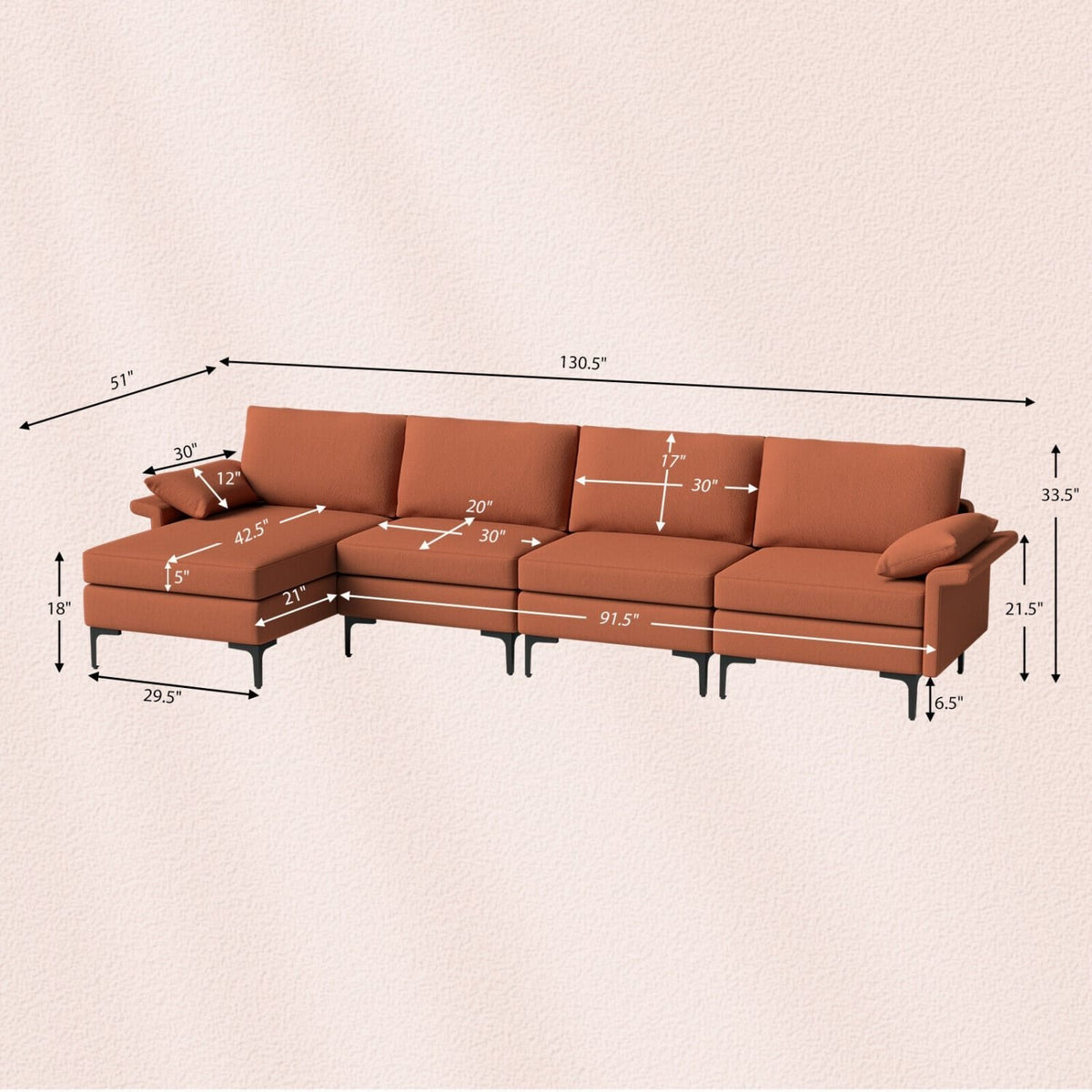 130.5 in L Shaped Sectional in Rust Red Lint Fabric, Reversible Chaise, Outlet and 2 USB Ports
