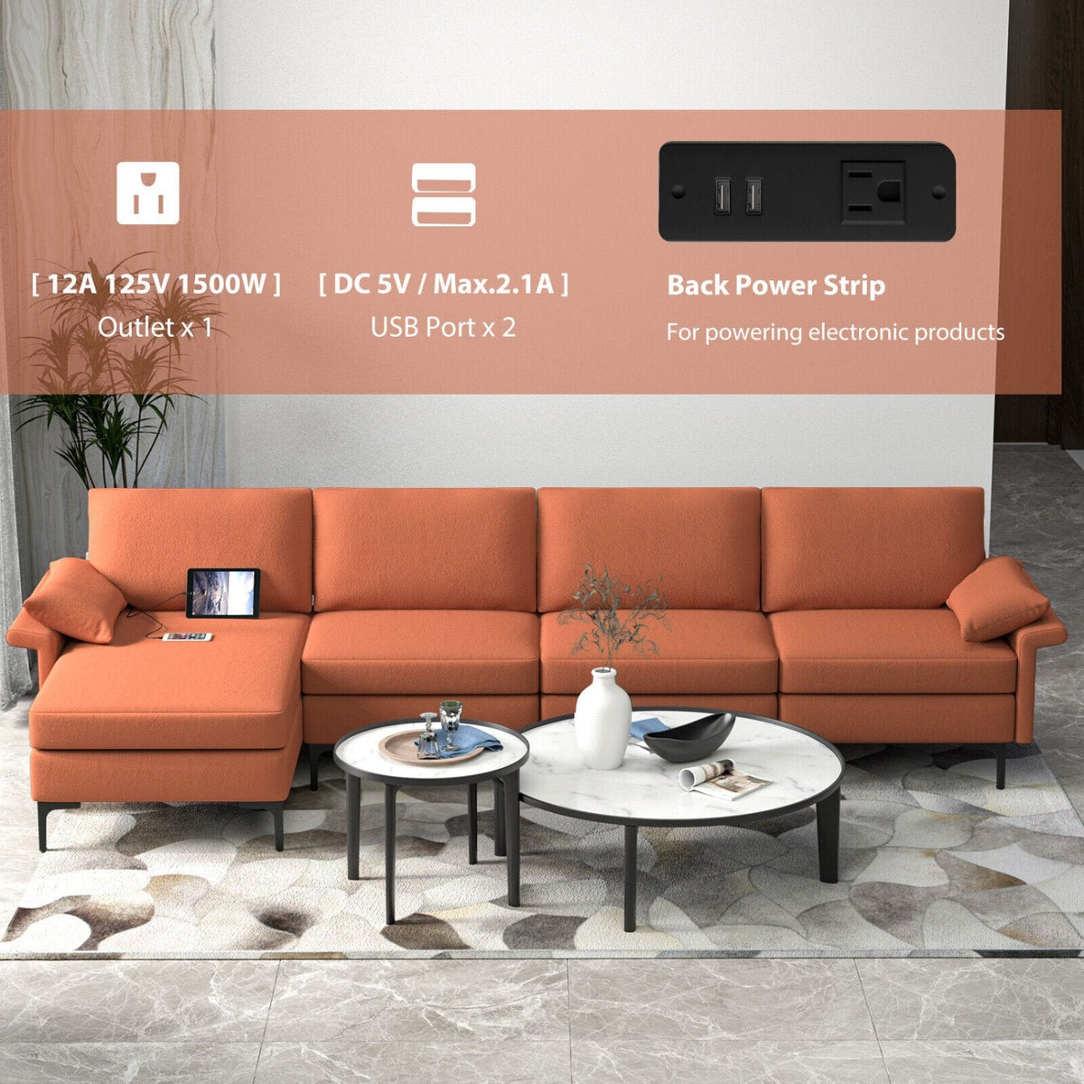 130.5 in L Shaped Sectional in Rust Red Lint Fabric, Reversible Chaise, Outlet and 2 USB Ports