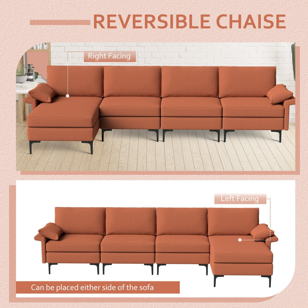130.5 in L Shaped Sectional in Rust Red Lint Fabric, Reversible Chaise, Outlet and 2 USB Ports