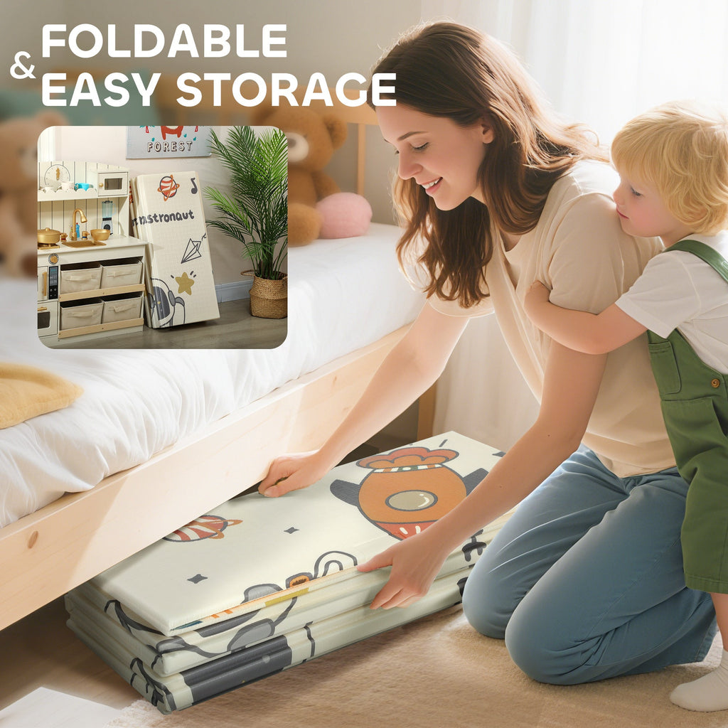 Foldable Baby Plat Mat, 77" x 69" Kids Floor Mat for Crawling and Learning, Astronaut & Planet Theme