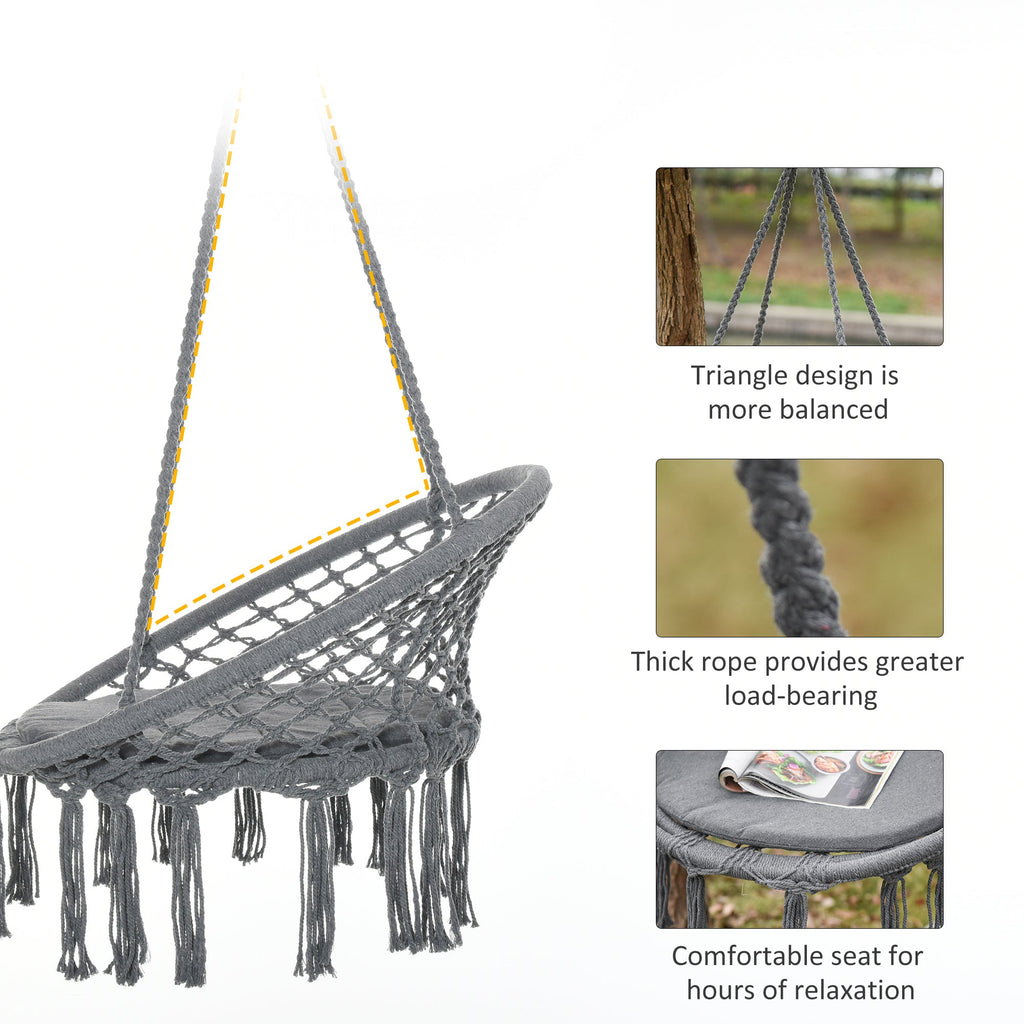 Patio Hammock Chair, Hanging Rope Hammock Swing for Indoor & Outdoor Use with Backrest, Cotton-Polyester Blend, Fringe Tassels, Cream White