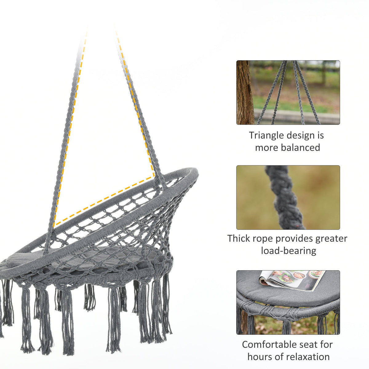 Patio Hammock Chair, Hanging Rope Hammock Swing for Indoor & Outdoor Use with Backrest, Cotton-Polyester Blend, Fringe Tassels, Cream White