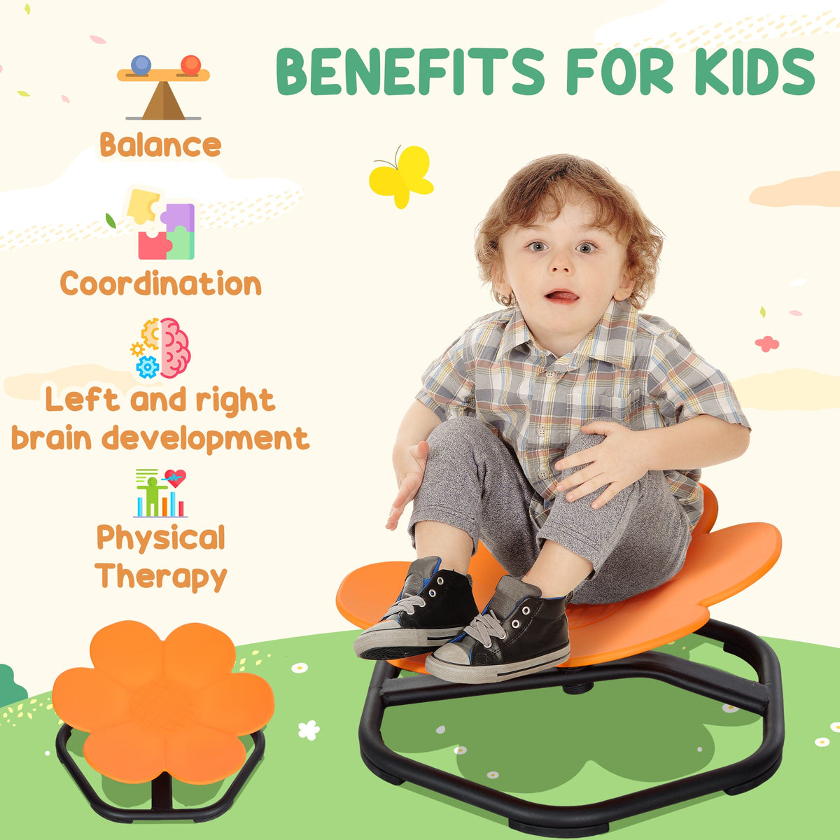 Flower-Shaped Kids Swivel Chair, Non-Slip Sensory Spinning Chair for Physical Coordination Training, Orange