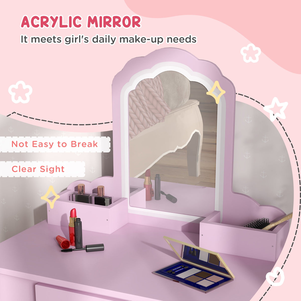 Makeup Vanity with Mirror and Stool, Cloud Design, Drawer, Storage Boxes, for 3-6 Years Old, Pink