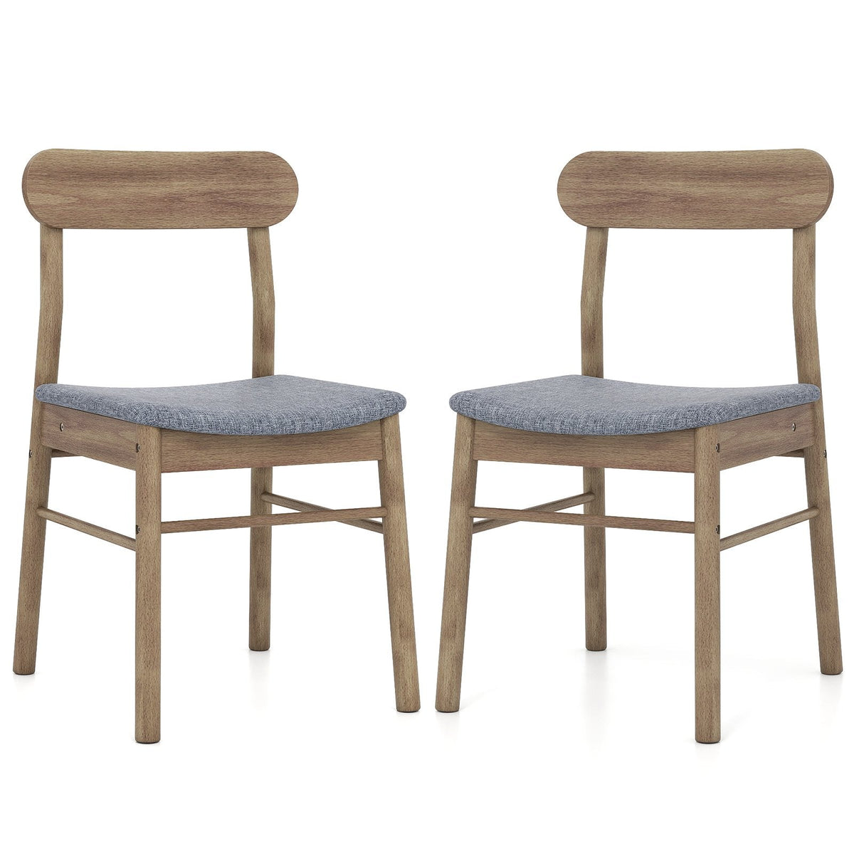 Set of 2 Mid Century Dining Chairs, Weathered Oak Rubber Wood with Blue Grey Fabric Seat