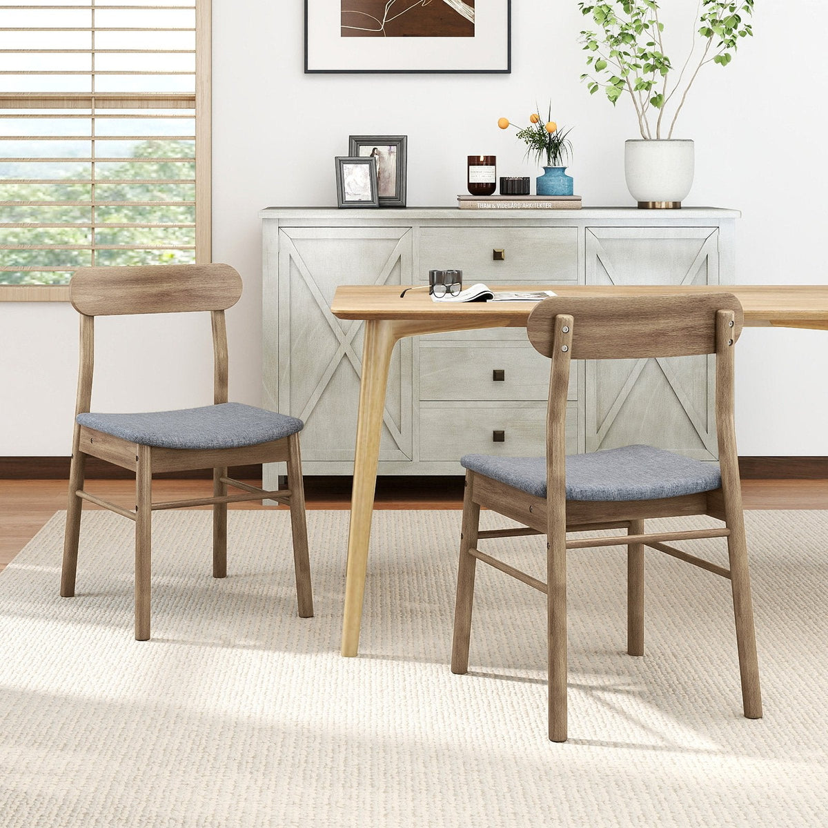 Set of 2 Mid Century Dining Chairs, Weathered Oak Rubber Wood with Blue Grey Fabric Seat