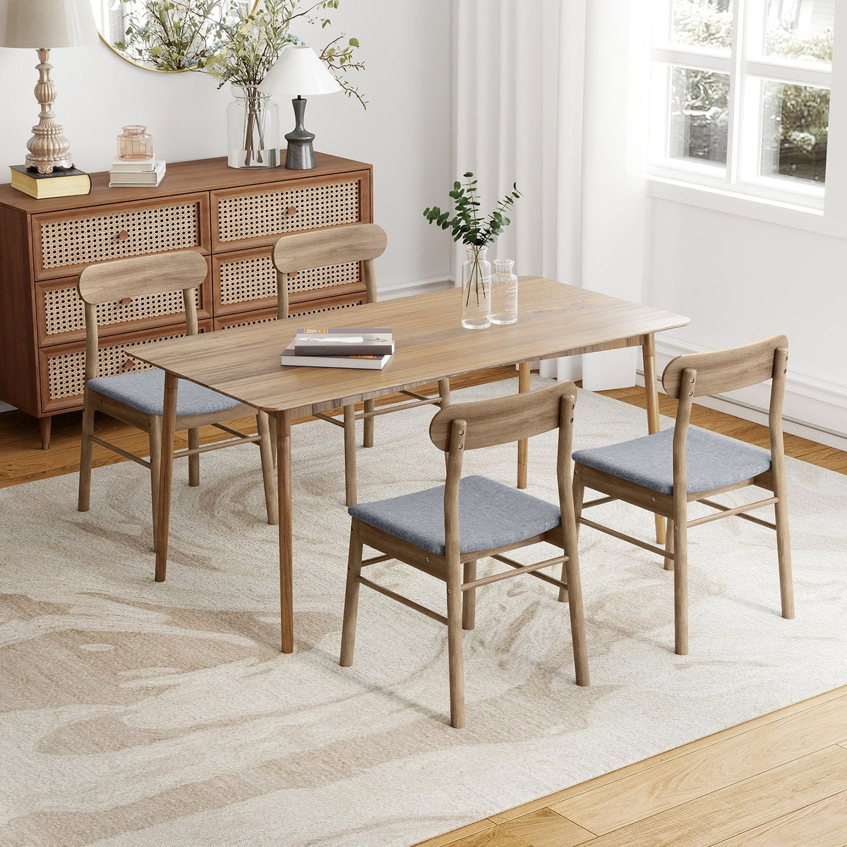 Set of 2 Mid Century Dining Chairs, Weathered Oak Rubber Wood with Blue Grey Fabric Seat