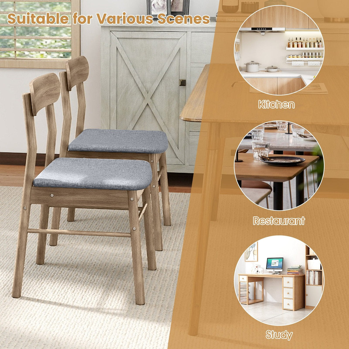 Set of 2 Mid Century Dining Chairs, Weathered Oak Rubber Wood with Blue Grey Fabric Seat
