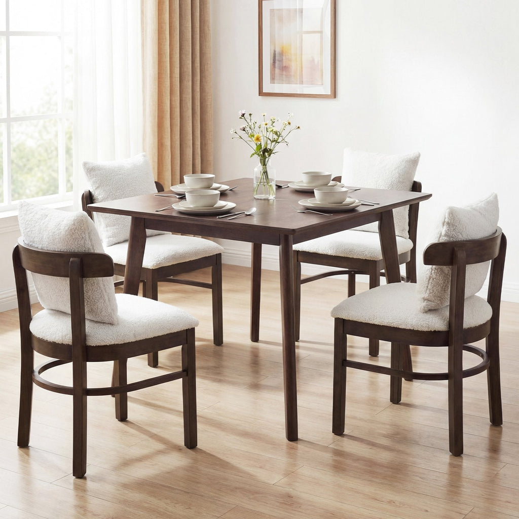 Set of 4 Barrel Back Dining Chairs, Walnut Rubber Wood with Grey Fabric Seats and Removable Pillows