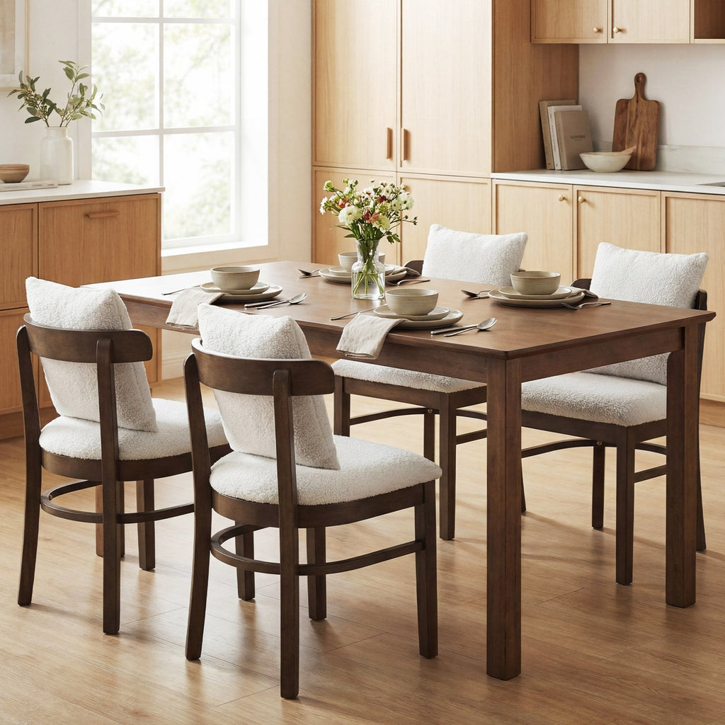 Set of 4 Barrel Back Dining Chairs, Walnut Rubber Wood with Grey Fabric Seats and Removable Pillows