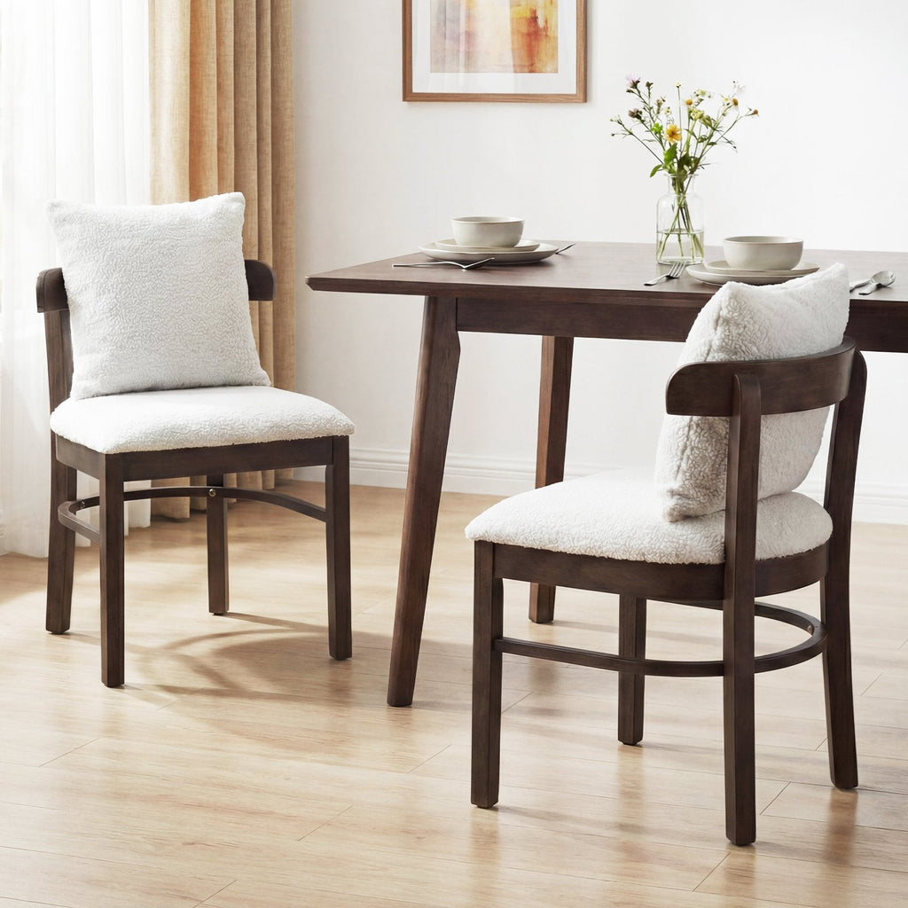Set of 4 Barrel Back Dining Chairs, Walnut Rubber Wood with Grey Fabric Seats and Removable Pillows