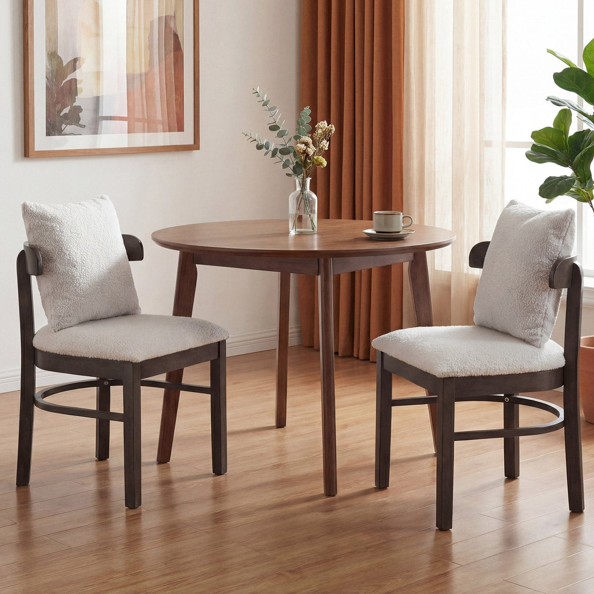 Set of 4 Barrel Back Dining Chairs, Walnut Rubber Wood with Grey Fabric Seats and Removable Pillows