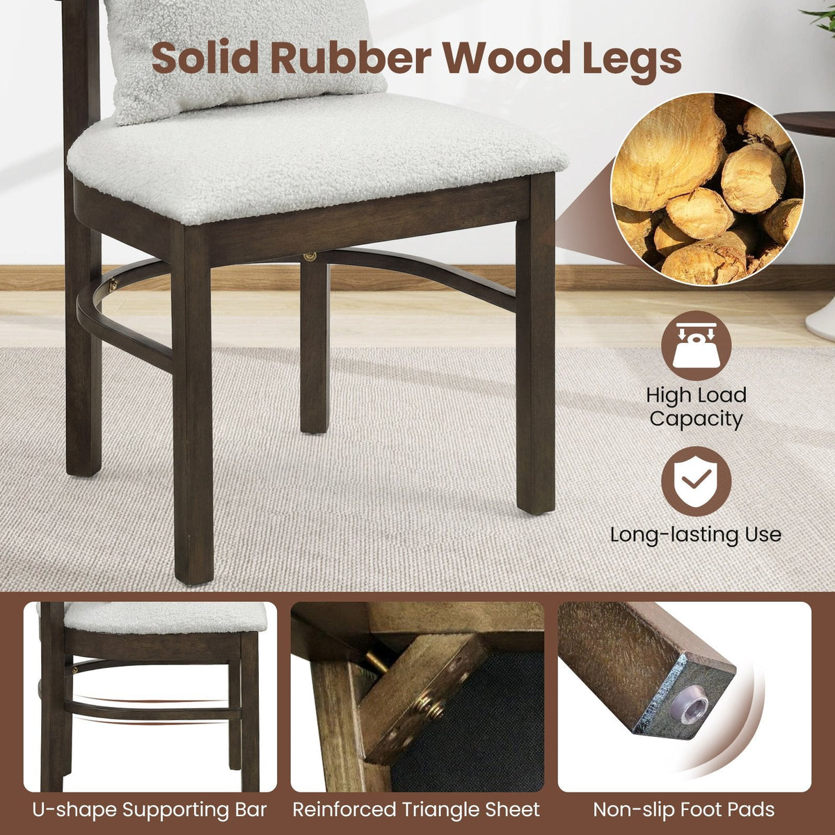 Set of 4 Barrel Back Dining Chairs, Walnut Rubber Wood with Grey Fabric Seats and Removable Pillows