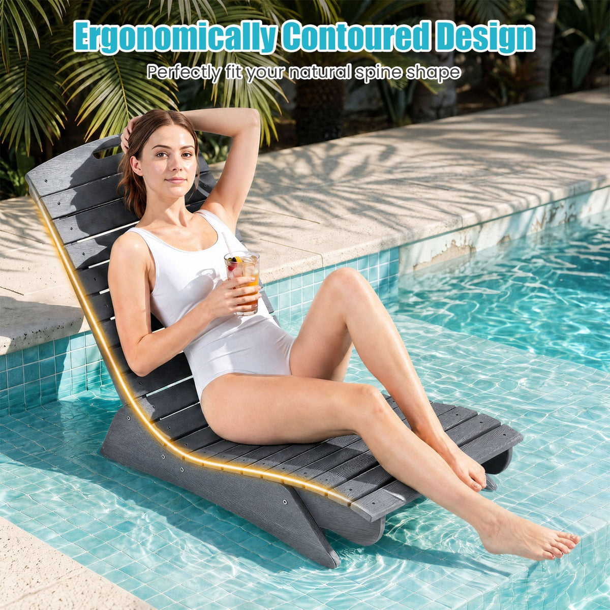 Contoured HDPE Lounge Chair for Poolside and Deck, 48 in, Dark Gray