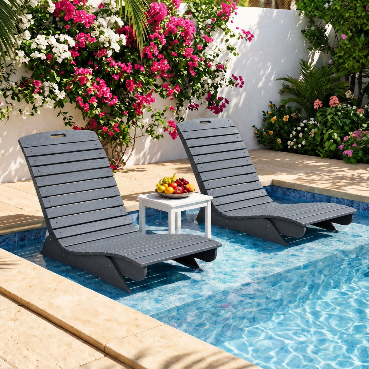 Contoured HDPE Lounge Chair for Poolside and Deck, 48 in, Dark Gray