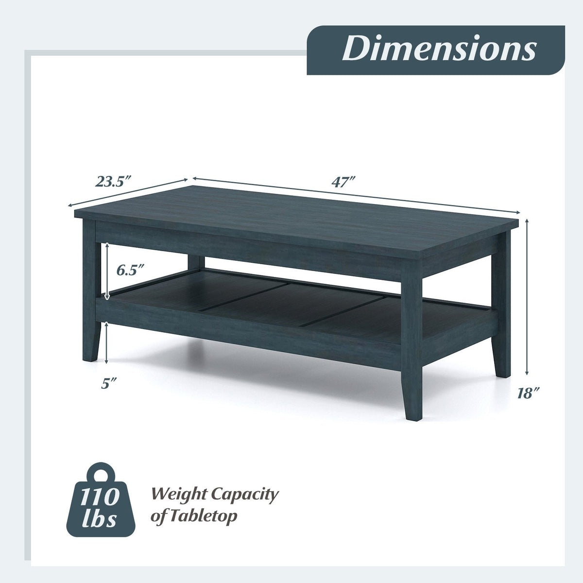Farmhouse Coffee Table Rustic Cocktail Center Table with Thickened Tabletop-Blue