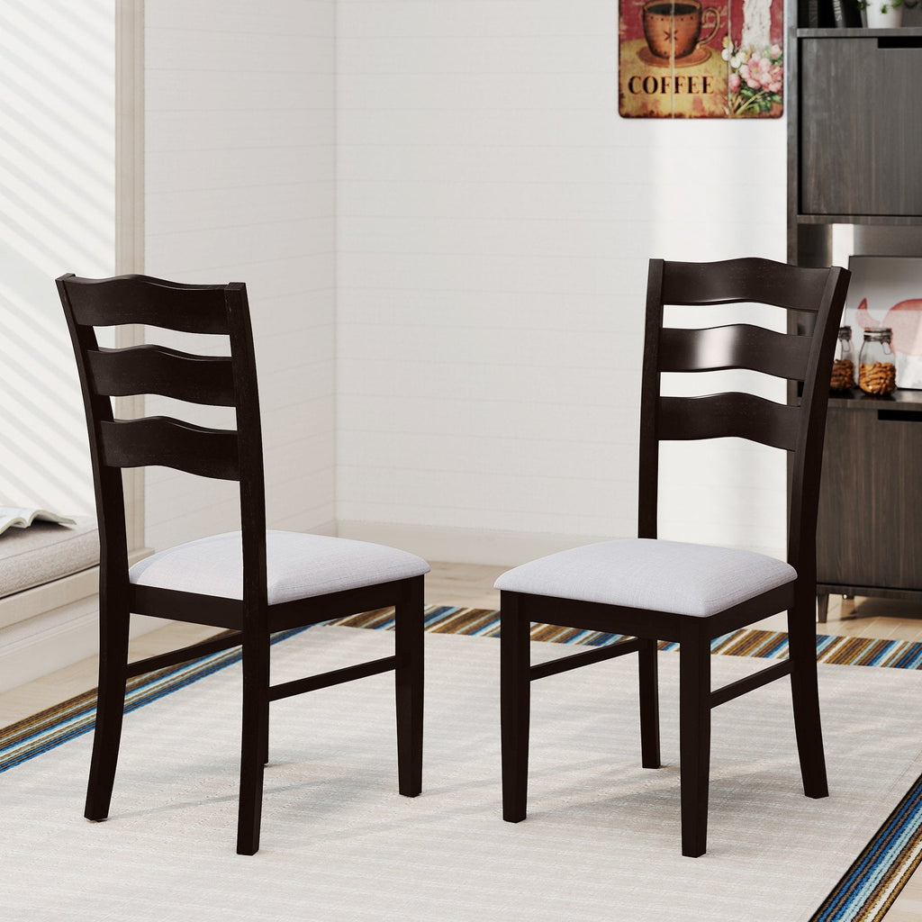 Set of 2 Wavy Ladder Back Dining Chairs, Espresso Rubber Wood with Light Grey Microfiber Seat