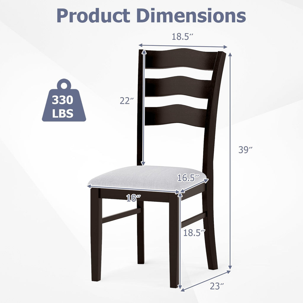 Set of 2 Wavy Ladder Back Dining Chairs, Espresso Rubber Wood with Light Grey Microfiber Seat