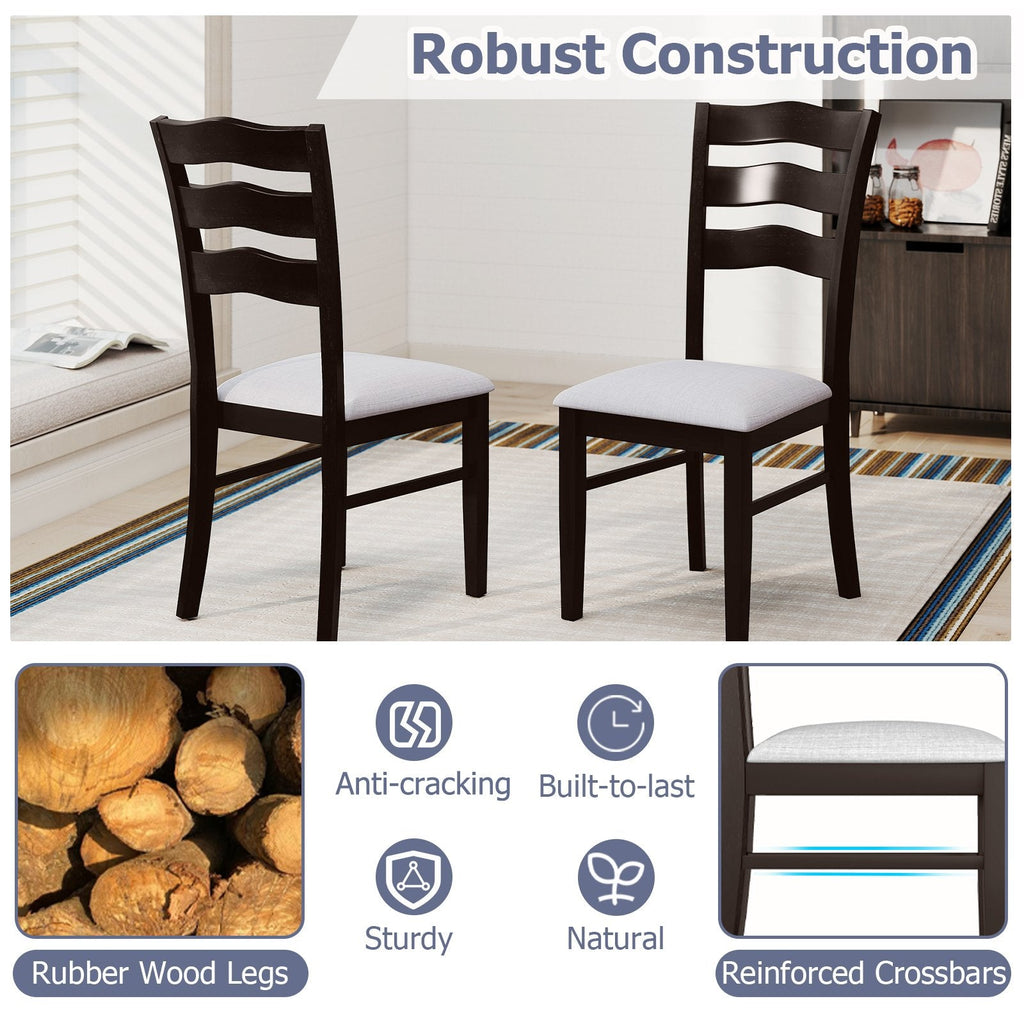 Set of 2 Wavy Ladder Back Dining Chairs, Espresso Rubber Wood with Light Grey Microfiber Seat