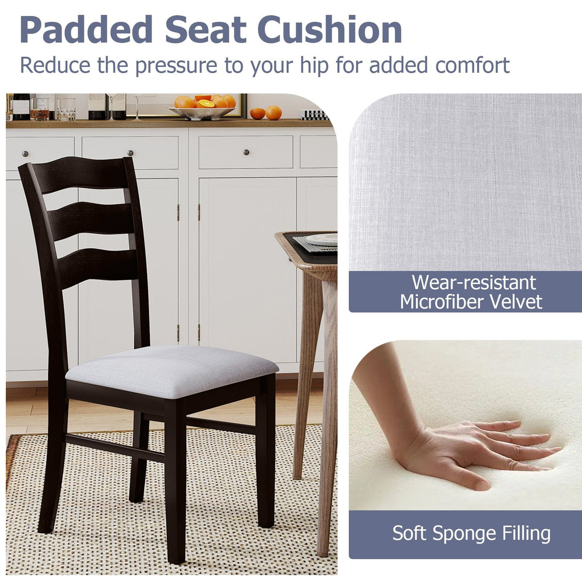 Set of 2 Wavy Ladder Back Dining Chairs, Espresso Rubber Wood with Light Grey Microfiber Seat