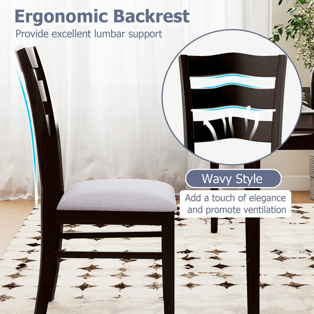 Set of 2 Wavy Ladder Back Dining Chairs, Espresso Rubber Wood with Light Grey Microfiber Seat